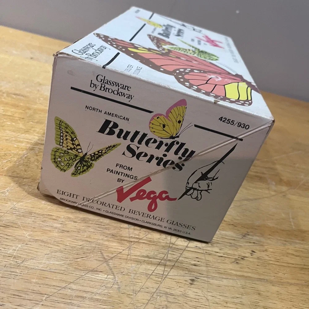 Vtg Brockway‎ Glass Butterfly Series Vega Beverage Glasses Set of 8 MCM 12oz